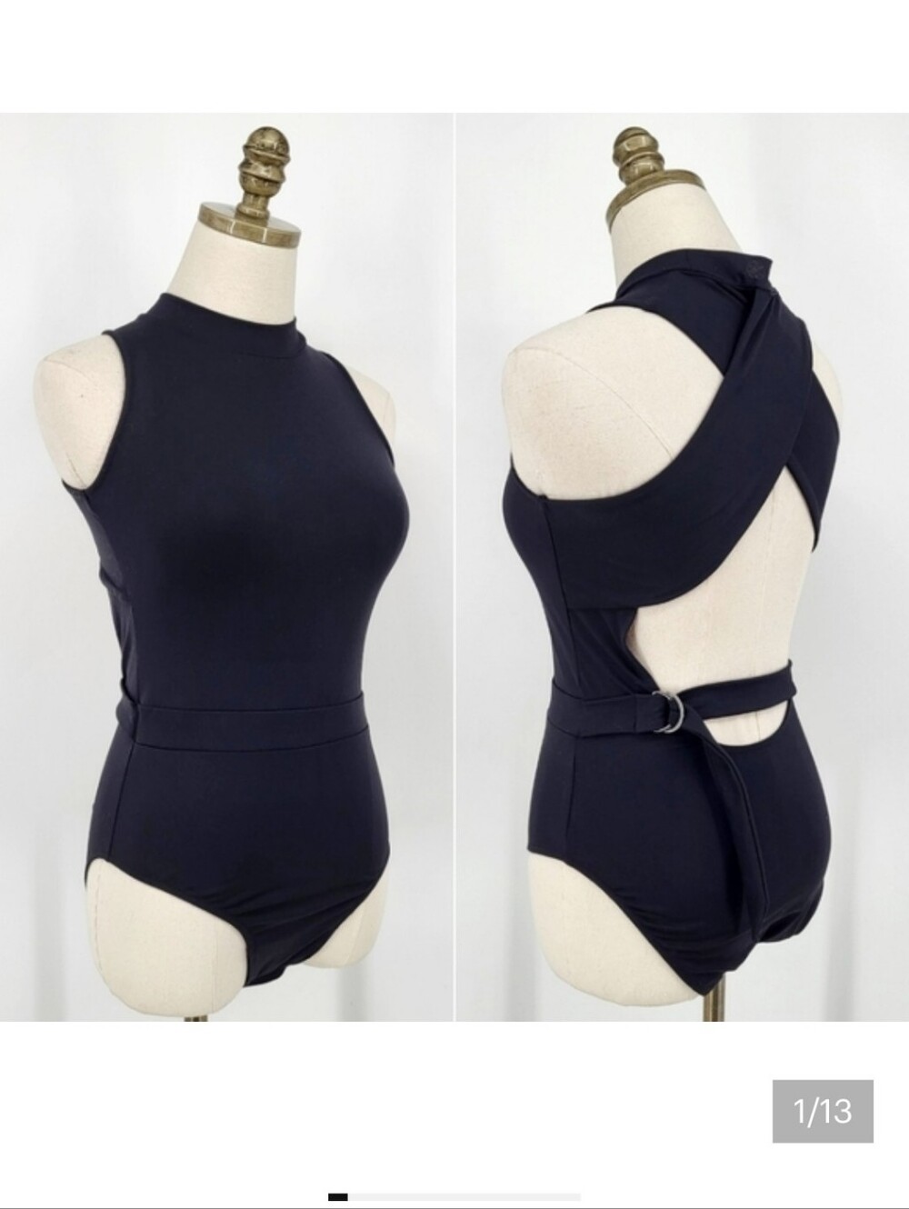 GAIAM Jessica Biel Bleeker Open Back D-Ring Bodysuit High Neck Black Stretch XS